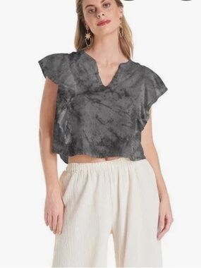 🆕 Oh My Gauze! Ruffle Sleeve Tie-Dye Crop Flowy Top Helene Large-XL Washed Black